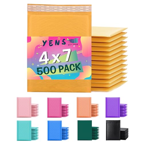 Yens Kraft Bubble Mailers 4x8 inch 500 pack Seal Adhesive Shipping Bags, Cushioning Padded Envelopes for Shipping, Mailing, Packaging Usable Space 4x7 KF#000-500