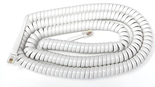 DRUT 6m Coiled RJ10 RJ9 RJ22 4P4C 4 PIN Telephone Handset Curly Lead Cable 20ft White, 6 meters