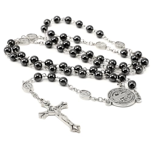 St Benedict Medals Necklace for Men Women,Saint Benedict Holy Rosary for Religious Gifts,Catholic Black Rosary Bead First Confirmation Gifts for Teenage Boys,Rosarios Catolicos Para Hombre Mujer