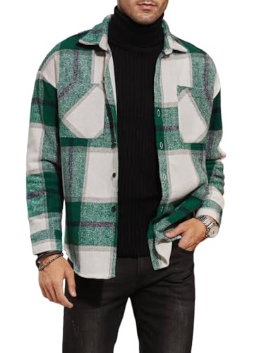 Meilicloth Kariertes Herren Hemdjacke Langarm Leinenhemd Grün Business Hemd 2XL