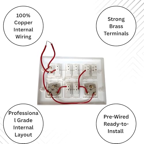 Image of Modular Electrical Switchboard, 6 Switch with 2 Five Pin Socket and Indicator, Premium White Wall Switch Board, Pre-Wired Ready-to-Install, 100% Copper Internal Wiring, Strong Brass Terminals