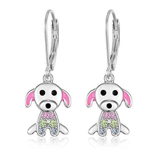 Kids Earrings - 925 Sterling Silver with a White Gold Tone Pink Enamel and Crystal Dog