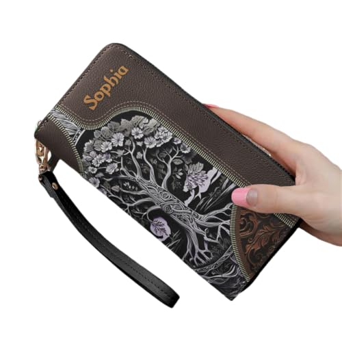 Personalized Tree Of Life Women Leather Wallet, Custom Name Tree Of Life RFID Blocking Zip Wallet, Pocket Long Ladies Travel Clutch Wristlet, Unique Gift for Girl Women (Tree)