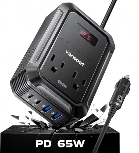 200W Car Power Inverter DC 12V to 110V AC Inverter with PD 65W/30W USB C & 2 QC 18W USB Ports & 2 AC Outlets,Car Pluɡ Adapter Outlet for Laptop/Phone/Road Trip