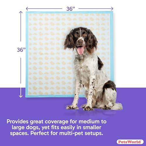 Image of PETSWORLD Giant Dog Potty Pads, Odor-Eliminating, 36 inch x 36 inch, Ultra Absorbent 5-Layer Leak-Proof Training Pads for Dogs & Cats (36x36 Health Indicating, 100 Count)