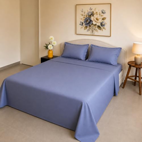 Image of Linen Home Cotton Percale Flat Bedsheet Set King Size Dark Blue