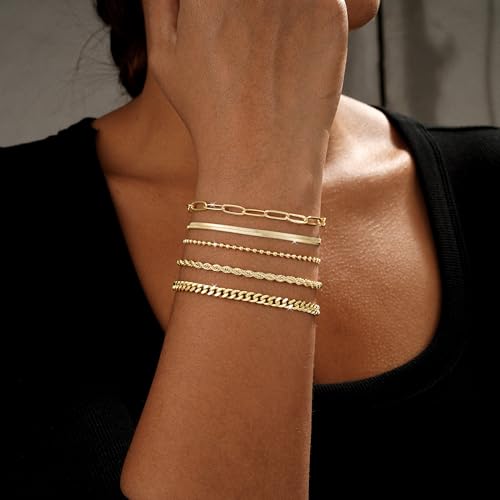 BBV Gold Bracelets for Women Stackable Bracelet Set, 5pcs Layered Dainty Waterproof Beaded, Figaro, Cuban, Rope, Paperclip, Snake Chain, Non Tarnish, Adjustable Jewelry Gifts3