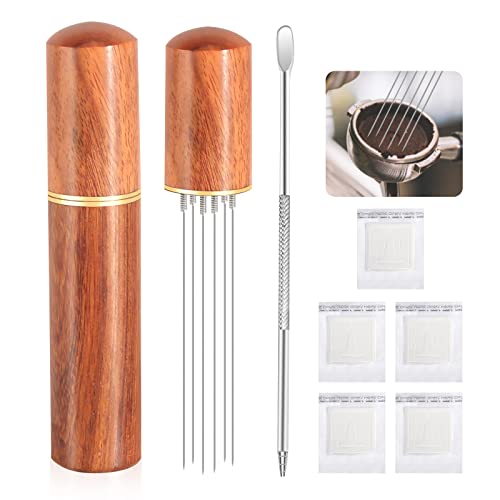 xnnmzhao Espresso Nadel Nadel Kaffee Tamper, Espresso Kaffee Rührer mit 6 feinen Nadeln 0.4 mm, Kaffee Nadel Distributor Mit 5 Filterbeuteln und Kaffee-Ziehstift aus Edelstahl Cover