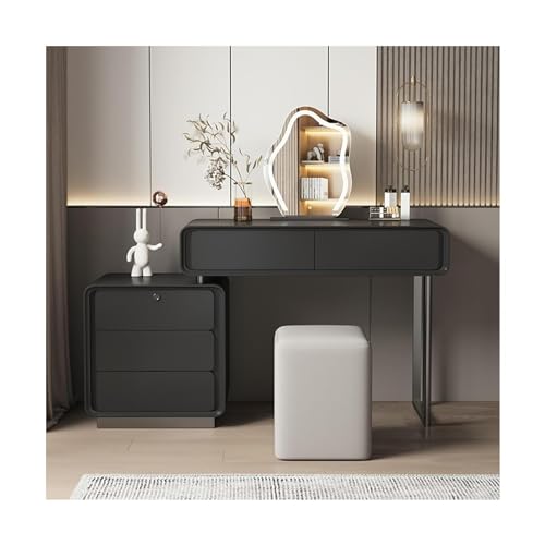 Elegante juego de tocador con espejo LED, 5 cajones deslizantes, taburete acolchado, diseño de huellas dactilares, mesa de maquillaje retráctil para un elegante vestidor
