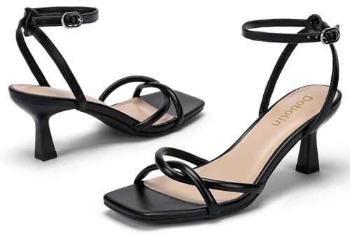 Wide Width Women's Sandals Black Strappy Heels for Women Square Open Toe Kitten Heels Ankle Strap Sandals Comfortable Dressy Party Wedding Shoes, Size 103