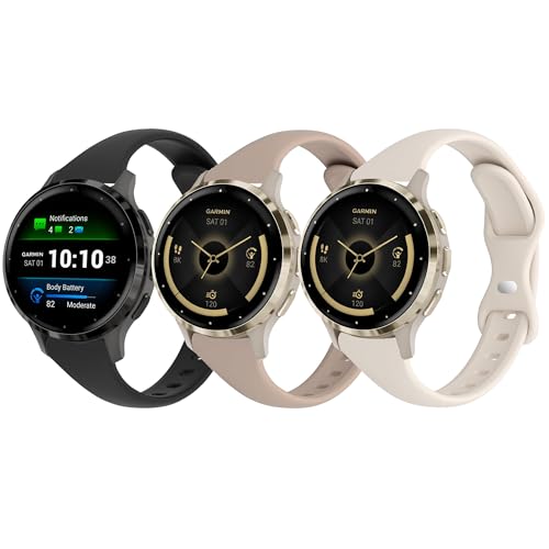 CUNUJIX 3 pulseras finas de silicona para Garmin Vivoactive 4S / Venu 3S / Venu 2S / Vivomove 3S, 18 mm, fina, suave, deportiva, resistente al agua, para Garmin Forerunner 255s/255s Music/265S Mujer