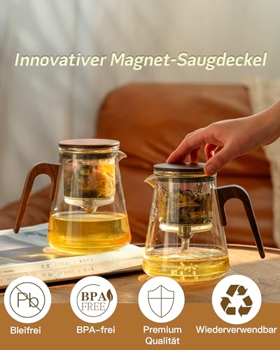 ZENS Magic Teekanne Glas mit Sieb, Teezubereiter für Losen Tee mit Magnet Sauger-Deckel, Tea Maker for Tee Zubereitung, Teapot Griff aus Walnussholz, Teeliebhaber Geschenke – Bild 3