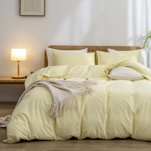 Image of BESTOUCH Cotton Solid Duvet Cover Set Linen Feel Light Yellow Queen | 100% Washed Cotton, Soft Wrinkle Texture, Hidden Zipper, 8 Ties, Breathable Lightweight Durable Comfy, 3 Pcs No Insert