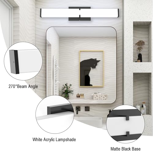 Image of Bathroom Vanity Light with Night Light Cool White 5700K Black Modern Matte Bathroom Lighting Fixtures; 24 Inch IP44 25W Equivalent to Incandescent 250W for Over Mirror Vanity Light ETL Listed
