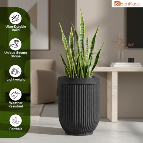 Image of Bonkaso 24 Inch Burj Khalifa Ribbed Planter for Indoor & Outdoor Use | Round Heavy Duty Polymer Flower Pot | Lightweight Weather Resistant Modern Gamla for Living Room Balcony & Terrace (Dark Grey)