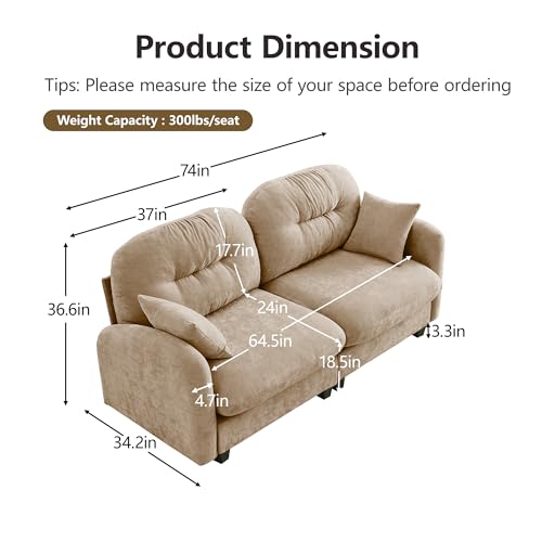 Image of KEIKI 74 inch Oversized Chenille Modular Sectional Loveseat Sofa with High-Density Foam Cushions and Tufted Pleated Cushion Backrest, Upholstered 2-Seater Cloud Couch with 2 Pillow, for Living Room, Camel