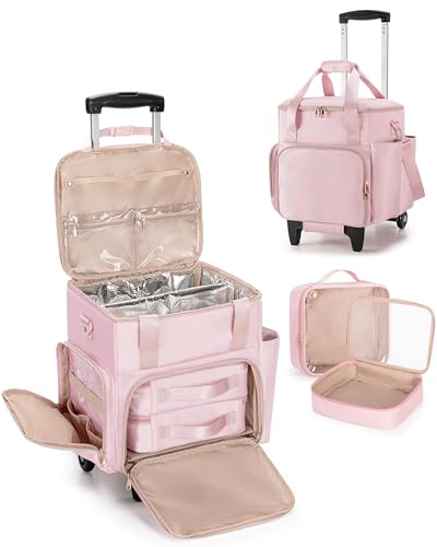 Prokva Rolling Hairstylist Travel Bag Hair Tool Bag with 2 Removable Pouches and Heat Insulation Layer Makeup Cosmetology Bag on Wheels for Hairdresser Pink