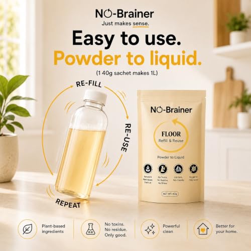 Image of No Brainer Plant-Based Floor Cleaner Concentrate Powder, Phenyl Alternative | Powder-to-Liquid, 2 Pouches Make 2 Litres, Citrus Fresh | Marble, Tiles, Wood, No Plastic Waste | Baby & Pet Safe