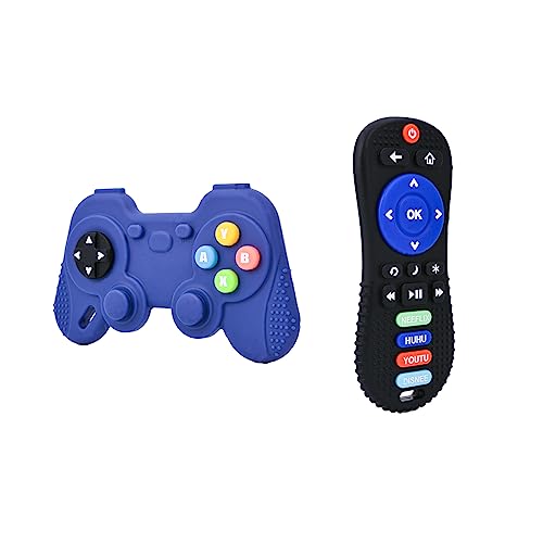 Image of MOLkoi 2 Pack Remote&Game Controller with Box, Silicone Teether Toys, Babies Teething Toys Toddlers, Baby Teether Toys for Infants Girls Boys 6-12 Months 0-6 Months, Sensory Chew Toy Gift (Black+Blue)
