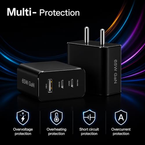 Image of AILKIN GaN Charger 65W 3 Port Fast Charger PD Charger 2 USB Type C + 1 USB Wall Charging Adapter Compatible with Nothing Phone 3a Plus 2a Plus 2 CMF Phone 1 Samsung Galaxy S25 S24 iPhone 16 15 | Black