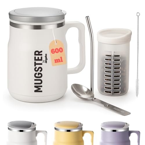 ANGAHE creating moments | Taza Termo para Café o Té Portátil 600ml, Sin BPA, Aluminio 304, Taza Térmica Reutilizable Viaje u Oficina | Mantiene Frío y Calor | Con Cuchara Plegable, Pajita aluminio.