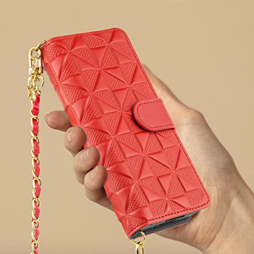 Qoosan Genuine Leather Designed For Samsung Galaxy Z Fold 4 Wallet Case (2022) Hinge Protection 360 Cover Flip Phone Case With Card Holder Strap, Red #TOP1
