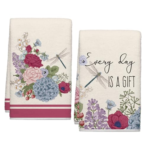 Image of Summer Vintage Floral Kitchen Towels, Dragonflies Dish Towels Set of 2, Spring Retro Hydrangeas 18 x 26 Inch Hand Towel Quick Drying Dishcloth Decor for Kitchen Bathroom Home