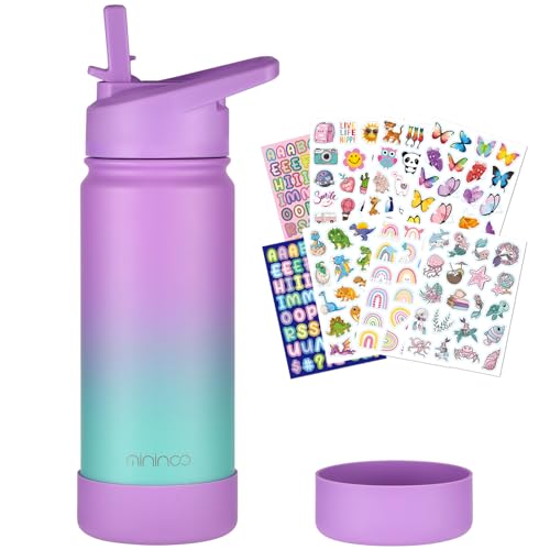 mininoo Insulated Water Bottle for School, 16oz Back to School Water Bottle with Straw Lid for Girls, Boys (Purple/Sky)