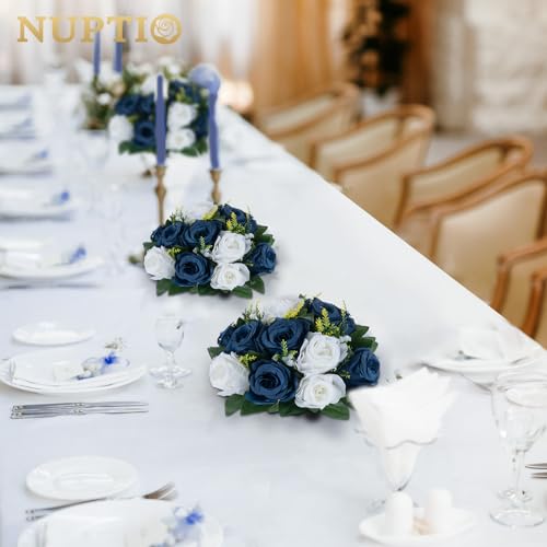 Image of NUPTIO Artificial Flower Centrepieces for Tables - 6 Pcs Navy Blue & White Fake Flowers Roses Balls 9.5in Diameter - Silk Faux Rose Arrangement for Wedding Party Centerpiece Table Decorations