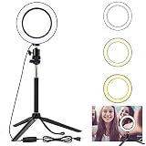 DERCLIVE Mini LED Kamera Ring Licht Dimmbare Telefon Video Lampe mit Stativ Selfie Stick Fülllicht für Live-Make-Up Beleuchtung Fotostudio Schwarz