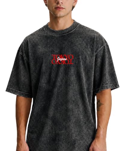 Image of VEL Heavy GSM Pure French Terry Cotton Men's Graphic Print Oversized Fit Half Sleeve Round Neck Cotton Acid Wash Print T-Shirt