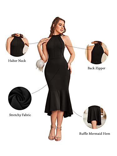Solersun Women's High Neck Bodycon Mermaid Cocktail Party Midi Dress Sleeveless Formal Wedding Guest Prom Dress Black M #TOP3