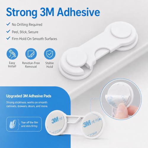 Drawer Locks No-Drill Adhesive Cabinet Latches White 9.5 cm, 6 Pcs - Image 4