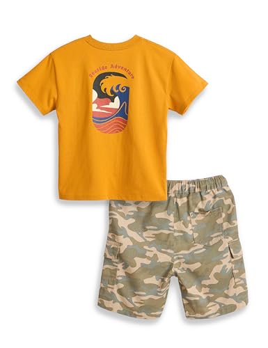 Image of Amazon Brand - Symbol Boy's Graphic Print Oversized Fit T-Shirt and Cargo Shorts (KD-TSB-SS25-10 (6-14 yrs) Mustard + Khaki Camo 6-8 Y)