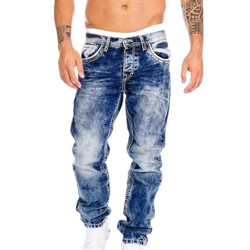 Pantalon en jean stretch pour homme - Facile d'entretien - Coupe droite - Coupe droite - Basique - Délavé - Coupe droite - Coupe droite - Style hip hop -...