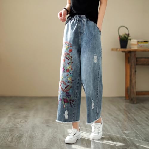 Fashion Ripped Loose Jeans Women Casual Embroidery Wide-Leg Trousers2