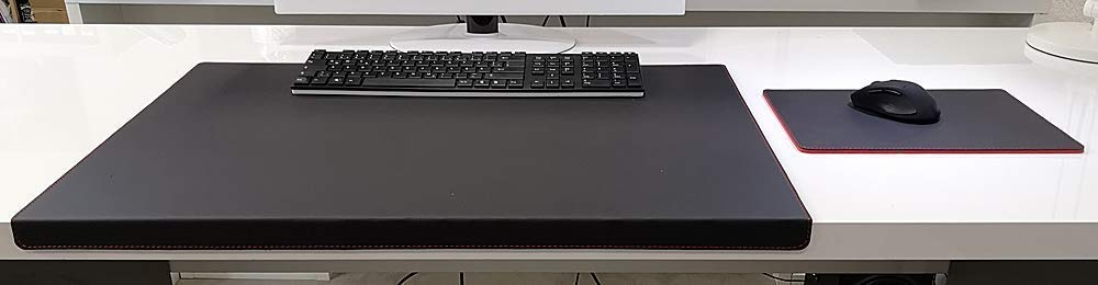 Gewinkelte Schreibtischunterlage mit Kantenschutz Echt Leder Schwarz mit roten Absatz 60 x 38cm Echt Rindsleder glatt ohne Mousepad