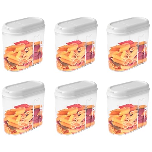 Tradineur - Pack de 6 recipientes de plástico reutilizables con tapa, botes, almacenaje, pasta, legumbres, cereales, frutos secos, café, fabricado en España (Tapa blanca, 1 litro, 14 x 15,5 x 7,8 cm)