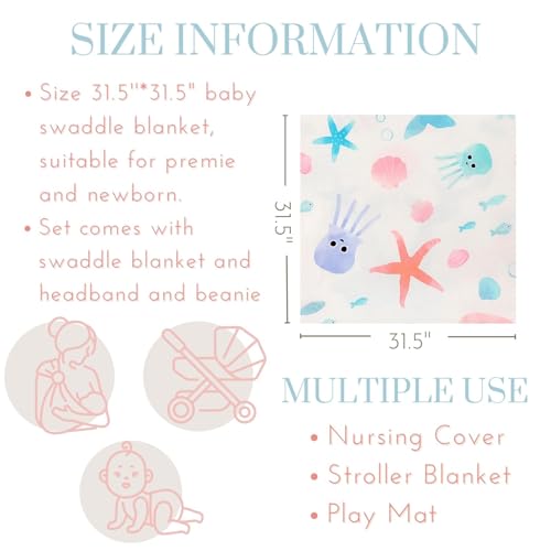 Image of Newborn Swaddle Sets with Headband Beanie and a Name Card Baby Snug Wrap Receiving Blanket for Baby Boys Girls (Blue and Pink Fish)