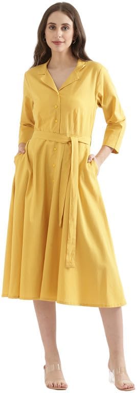 - Women's Solid Airy Linen Flared Dress | Notch Collar & 3/4 Sleeves with Adjustable Belt | Below-Knee Western Dress