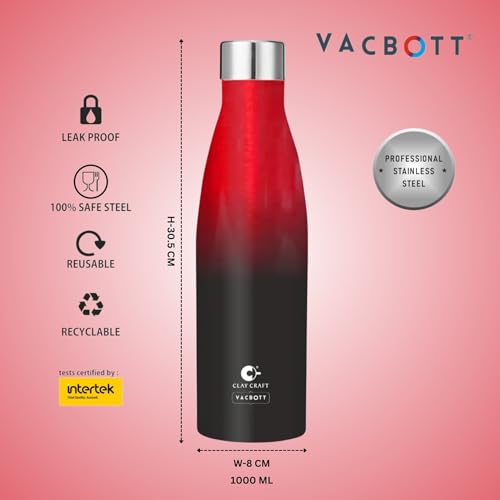 Image of Clay Craft Vacbott Gerald Double Tone Double Walled|18 Hours Hot and 24 Hours Cold Vacuum Insulated|Thermosteel|Flask 1000ml|2 Pcs, Steel Bottles for Travelling|BIS Certified|1Year Limited Warranty