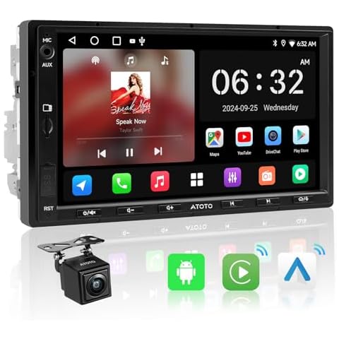 ATOTOZONE A5L Android System Double DIN Car Stereo & Backup Camera, 7inch Wireless CarPlay Android Auto Touchscreen, WiFi/BT/USB Tethering, Bluetooth, 24-B EQ DSP, Android Radio, 2G+32G, FM/AM/TF Cover