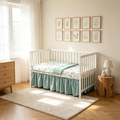 Image of Organic Cotton Muslin Baby Crib Bedding Set 3 Piece Soft for Infant Newborn Toddler Boys Girls 52 inchx28 inch, Nursery Bed Quilt Set Decor with Fitted Crib Sheet, Leaves Quilted Comforter Blanket, Bed Skirt