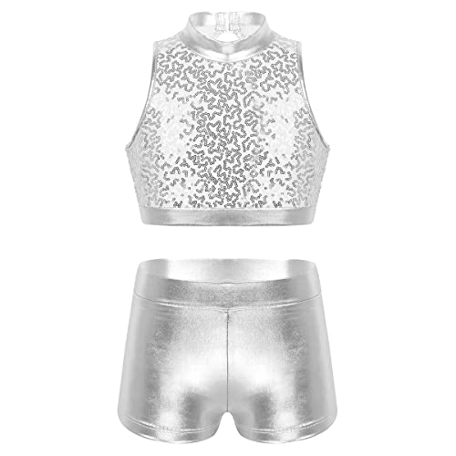 Girls Sequins Dance Outfit 2 Piece Cutout Back Crop Top with Booty Shorts for Gymnastics/Dance/Workout