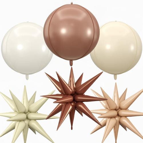 Image of 6pcs 22 inch White Brown Star Balloons and 4D Large Foil Balloons, Cream white Star Balloon Nude 4D Foil Aluminum Balloon For Birthday Baby Shower Party Boho Wedding Anniversary Engagement Decoration
