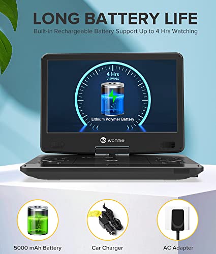 Wonnie 16.9" Portable Blu-Ray Dvd Player With 14.1" 1080P Full Hd Large Screen, Dolby Audio, 4 Hrs Rechargeable Battery, Support Hdmi Out, Av In, Usb/Sd Card, Last Memory #TOP3