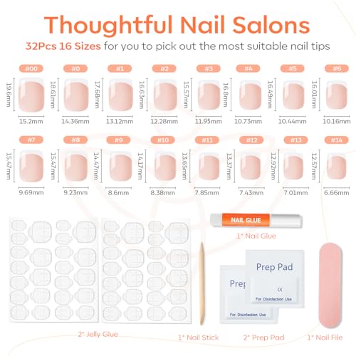 Modelones French Tips Press on Nails, White Short Square Fake Nails, Reusable Nail Kit with Nail Glue Adhesive Tabs Mini Nail File, Spring Nails Press Ons 32Pcs 16 Sizes, Women Girl Gift