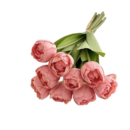 Bouquet de tulipes artificielles à 9 têtes avec bords brûlés pour décoration d'intérieur, arrangements de mariage, accessoires de photographie et utilisation saisonnière (rose foncé)