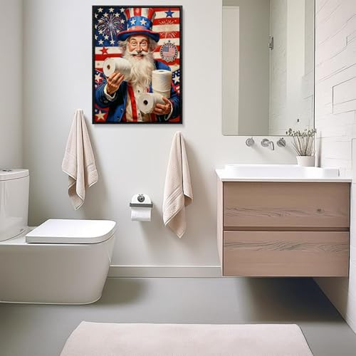 Image of American Flag Framed Canvas Wall Art, Funny 4th of July Bathroom Canvas Prints, Humorous Uncle Sam Toilet Paper Patriotic Decorations, Independence Day Wall Decor for Bathroom Living Room 6x8