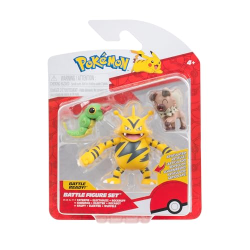 Pokémon PKW3892 – Juego de Figuras de Batalla – Raupy, Wuffels, Elektek, Figuras Oficiales